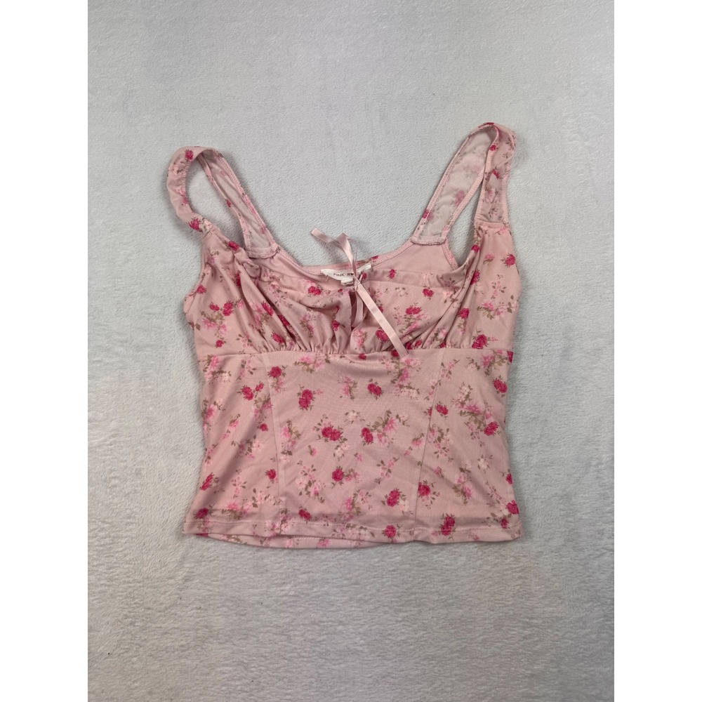 Pink Rose Floral Mesh Tank Top Pink Ribbon Bow Corset Style Bodice Medium